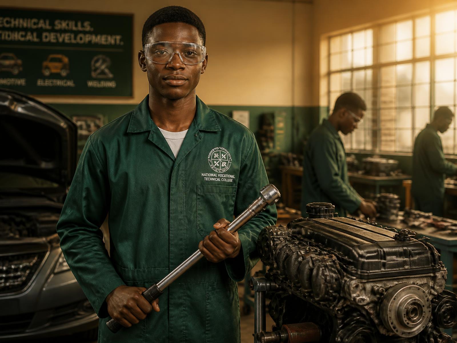 Nigerian trade student holding a torque wrench beside an engine in a vocational workshop